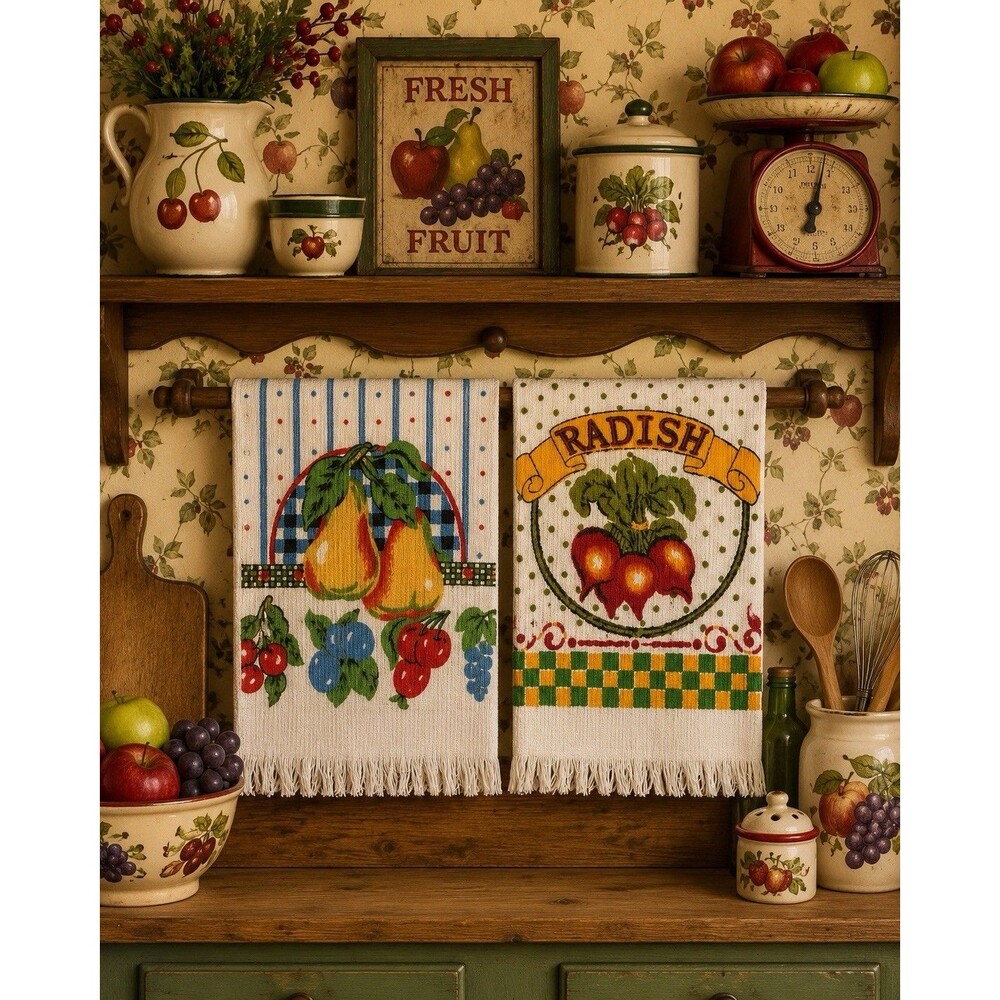 Vintage Fruit & Radish Print Kitchen Towels Lot of 2 Cottage Farmhouse Decor